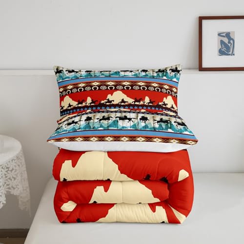 Image of Feelyou Kids Full Aztec Red Comforter Full Size, Southwestern Cowboys Comforter Set for Boys Girls Horse Bedding Set Boho Tribal Duvet Set Microfiber Bed Set