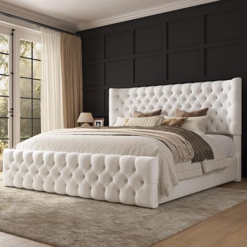 Image of AMERLIFE California King Upholstered Bed Wingback Headboard, Cream Velvet
