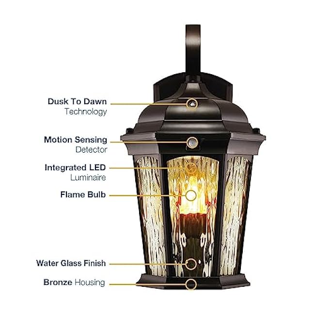 Euri Lighting EFL-130W-MD Flickering Flame Porch Light, Water Glass, with Integrated Security Light (3000K), Motion-Sensor, Dusk-to-Dawn, Oil Rubbed Bronze Housing