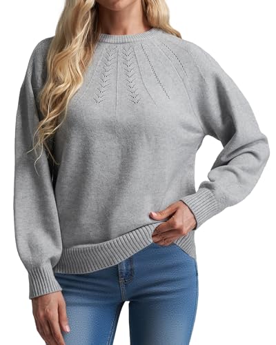 COSSEN Fall Sweaters for Women 2025 Casual Long Sleeve Crewneck Pullover Sweater Knit Top S Grey