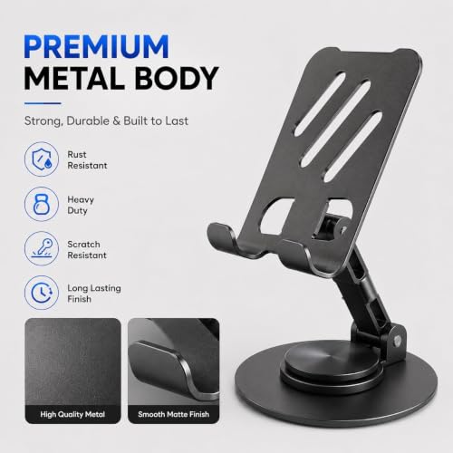 Image of 360 Rotatable Metal Mobile Stand for Desk | Foldable Adjustable Phone Holder with Anti-Slip Heavy Base | Universal Smartphone Stand Compatible with All Smartphones (Matte Black)