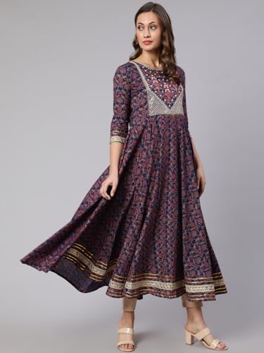 Image of Women Cotton Embroidered Printed Round Neck 3 /4 Sleeve Flared Kurta