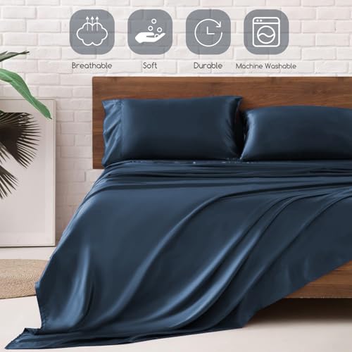 Image of MR&HM Satin Bed Sheets with Elastic Corner Straps, King Size Sheets Set, 4 Pcs Silky Bedding Set with 15 Inches Deep Pocket for Mattress (King, Mood Indigo)