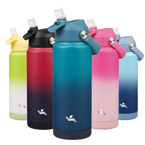Botella de agua aislada con tapa con popote, botella de metal al vacío de acero inoxidable de 24 onzas con mango de silicona, vasta
