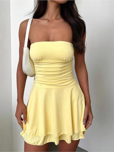 Women Sexy Tube Top Silk Dress Strapless Ruched Waist Ruffle Tiered Layer Mini Dress Party Short Dresses2