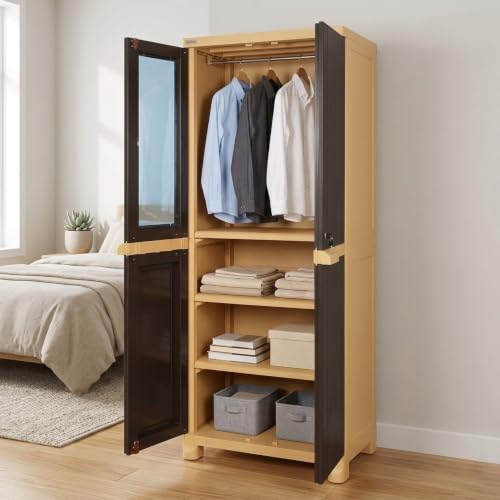 Nilkamal Freedom Big 1 (FB1M) Plastic Wardrobe with Mirror|3-Year Warranty|Clothes Organizer|Shelves|Cupboard|Almirah for Home, Living Room, Bed Room|Adult & Kids|Weather Brown & Biscuit