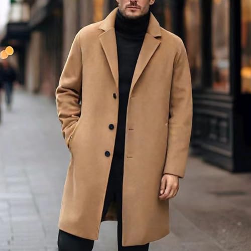 Men's Casual Trench Coat Slim Fit Blazer Collar Long Jacket Overcoat Single Breasted Pea Coat with Pockets4