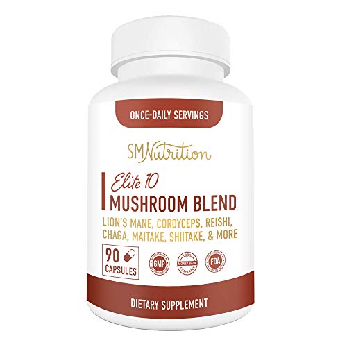 Elite 10 Mushroom Blend Supplement - 90 Capsules; 10 Mushroom Extract Immune Support: Lions Mane, Turkey Tail, Cordyceps, Reishi, Shiitake, Maitake, Chaga Mushroom Immunity Complex