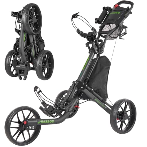 EASEGO Golf Push Cart 3 Wheel : Golf Bag Cart Foldable with Phone Holder/Cup/Umbrella Holder Compact Golf Pull Carts Quick Fold Golf Caddy Push Carts with Large Wheelbase for Different Terrain（Black）