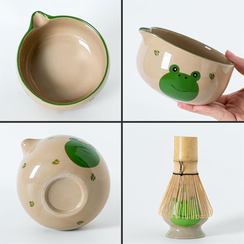 hijaunatis Frog Matcha Whisk Set, Cute Ceramic Matcha Kit with Hand-Painted Bowl with Spout, 2 Cups, Bamboo Whisk, Holder & Scoop, for Tea lovers and Gift Giving
