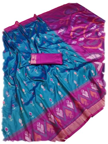 Image of Women's Pochampalli Silk Blend Saree with Unstitched Blouse Piece