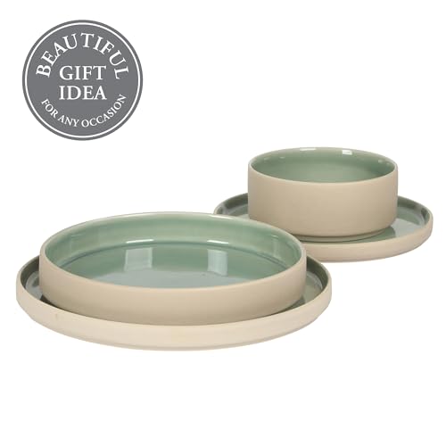 Image of Gibson Elite Liberty Bay 16-Piece Pottery Clay Stoneware Dinnerware Set - Mint Green Reactive Glaze, Stackable Plates and Bowls W /Pasta Bowl, Service for 4 - Microwave & Dishwasher Safe
