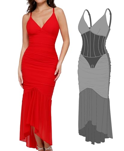 Image of Popilush Corset Dress Built in Shapewear Bodycon Cocktail Dresses for Women Wedding Guest Deep V Neck Mesh Ruched Maxi Dress