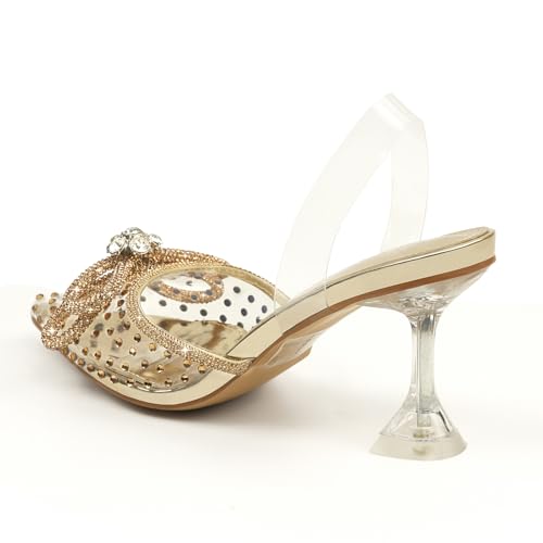 JENN ARDOR Women’s Heels for Bride Sparkly Low Heels Slingback Pumps 3.4 inch Clear Kitten Heels Wedding with Rhinestones Bow Pumps Pointed Toe Sandals Dress Shoes for Prom Party Dating4