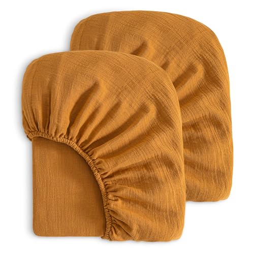 Image of NTBAY 2 Pack Muslin Cotton Crib Sheets, Soft and Breathable Double Layer 28x52 Baby Crib Sheets for Standard Crib and Toddler Mattresses, Boys, Girls, Unisex, Golden Brown, 28x52 Inches