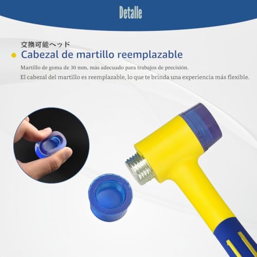 Miniatura 4 de Kaihaowin Martillo De Goma 30 Mm, 270 G, Maza De Goma De Doble Cabeza Desmontable, Martillo Goma Con Mango Antichoque Antideslizante Para Madera, Cuero, Artesanías, Plástico