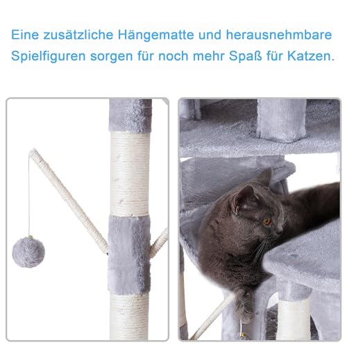 Hey-brother Kratzbaum groß, 180 cm XXL Katzenbaum, Kratzbaum Grosse Katzen Stabil mit Sisalseil, große Kratzbrett, Korb, 3 Plattform and 2 Haus, Hellgrau EMPJ034W