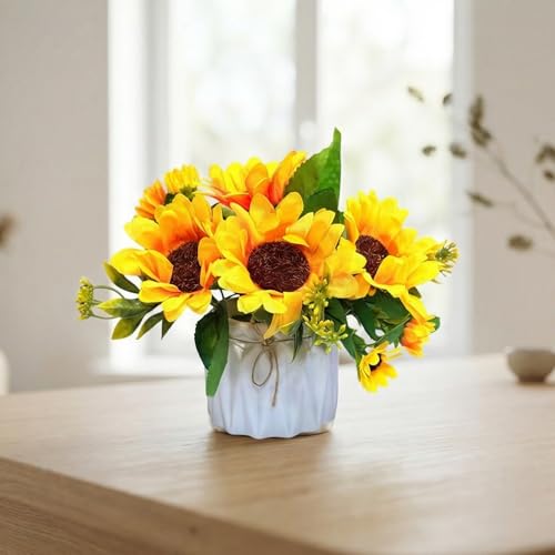 Image of Dekorly Artificial Lavender Plant in White Pot, 18cm - Realistic Faux Flower Arrangement for Home & Office Decor (Set of 1) (1, Sunflower)