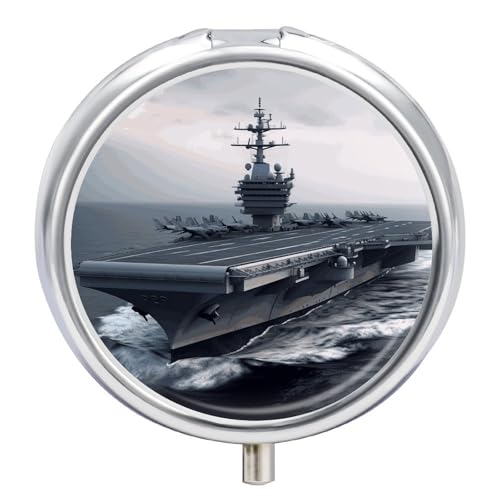 Round Pill Organizer Travel Case Aircraft Carrier Printed 3 Compartment Portable Medicine Container WithDecorative Mini Pill Box for Pills/Jewelry 2" Gifts for Men Women -  WITHSBKK