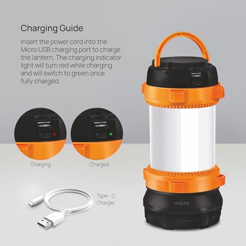 Image of Wipro EL4 Rechargable Multifunctional Rechargable Emergency Light | Type-C Fast Charging | 2 Step Dimmable Torch and Lantern Mode | Camping Lantern with 3600 mAh Battery | Pack of 1