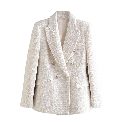Women's Double Breasted Tweed Suit Pocket Jacket Lapel Collar Double Casual Office Blazer