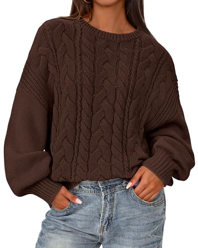 BTFBM Fall Sweaters for Women 2025 Cable Knit Sweater Crew Neck Long Lantern Sleeve Loose Chunky Pullover Casual Tops