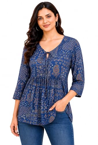 Image of ATTEM Women's Pure Cotton Printed Top | Casual Western Tunic for Women | 3 /4 Sleeve V-Neck Tie-Up Regular Fit Top | Office Wear