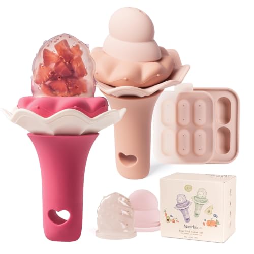 Moonkie Fruchtsauger Baby mit Gefrierschrank Tablett, BPA-Frei Silikon Fruchtschnuller mit Zwei Größen Beutel, 4 Monate+ Zahnungshilfe, Geschenk zur Babyparty, 2 Stück(Rosa Zitronenlimonade/Gedämpft)