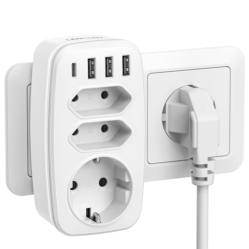 LENCENT USB Steckdose Steckdosenadapter 7-in-1 Mehrfach Stecker, 3 Fach Multistecker Doppel Euro und 1 Schuko Steckdose 4000W, Mehrfachsteckdose mit 3 USB-A & Typ-C für Smartphone, Laptop