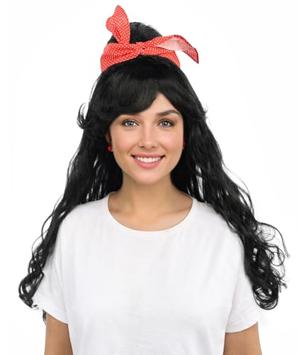 HPO Women’s Black Retro Beehive Wig with Red Bow - Long Wavy Fancy Dress Accessory, Fancy Dress Accessory Celebrity-Inspired Hair for Halloween, Cosplay & Music Tribute Parties