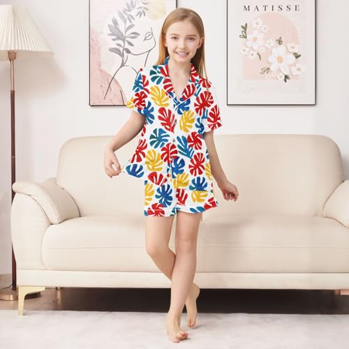 Monstera Leaf Cartoon Prints Summer Satin Pajama Set, Cute Button-Down Sleepwear Pj Set for Sleep Wears3