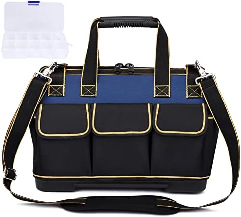 Tool Bags,20 Inch Close Top Wide Mouth Storage Tool Bag with Double Waterproof Fabric Tools Bag Molded Base Adjustable Shoulder Strap Toolbag Rubber Soft Handle