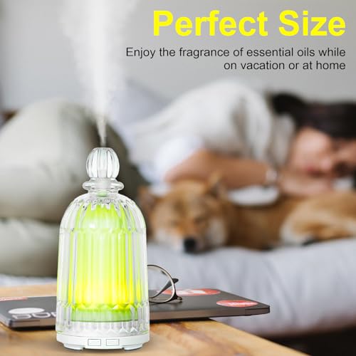 Image of 120ml Glass Essential Oil Diffuser, Ultrasonic Aroma Diffuser Glass Cover & Plastic Reservoir with Auto Shut-Off, 7 Colors LED Light for Home, Bedroom, Office, Yoga(White Base)