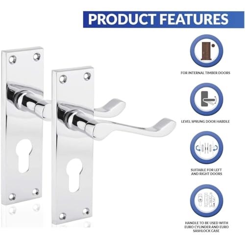 Victorian Style Euro Lock Pack with Scroll Lever Handles, Polished Chrome Door Hardware Set, Complete 35T/35 (70mm) Cylinder Lock, 2.5" Euro Sash Lock and Handle Kit, for Internal Doors - Image 2