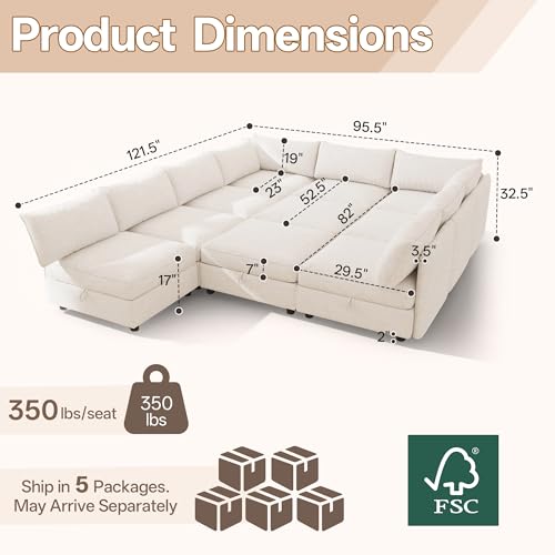 Image of Oversized Chenille Modular Sectional Sofa Bed Hidden Storage, Convertible L U Shaped Sleeper Couch, 10 Seat Modern Modular Sectional Sofa with Removable Covers & Ottoman Chaise, for Living Room, Beige
