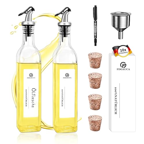 SIAZIH 2 Aceitera Antigoteo de 500 ml con Pico Vertedor (Dosificación de Control), Aceitera Cristal con 10 Etiquetas de Bricolaje Blancanieves, Dispensador de Aceite, Listo para Condimentar en la Mesa