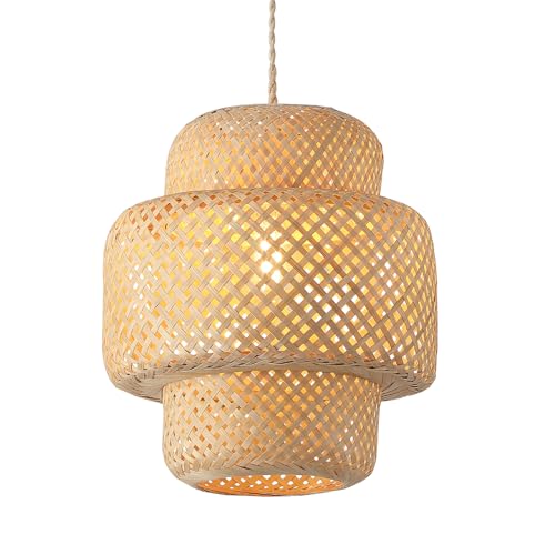 Wylitora Bamboo Pendant Light Fixture One-Light Adjustable Boho Basket Handmade Woven Pendant...