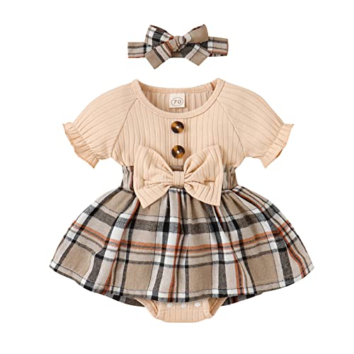 Image of Viworld Newborn Baby Girl Romper Short Sleeve Plaid Onesies Jumpsuit Dress With Headband Summer Infant Girl Outfits Set(Brown,12-18M)