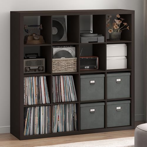 Image of Furinno Cubicle Record Player Stand, 16-Cube Record Storage, Dark Oak | Vinyl Storage, 1.68 inchInch Triple Thick, Open Back Media Shelf for CD DVD Bluray Game Disc, for Living Room, Home Office