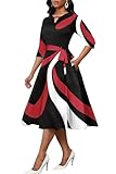 CLOCOR Women's Midi Dress 3/4 Sleeves A-Line Fit and Flare Casual Dress Cocktail Wedding Guest Party Dress with Pockets Black Red M