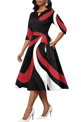 Image of CLOCOR Midi Dresses for Women Casual A-Line Fit and Flare Dress Crewneck 3 /4 Sleeve Keyhole Cocktail Party Church Dress