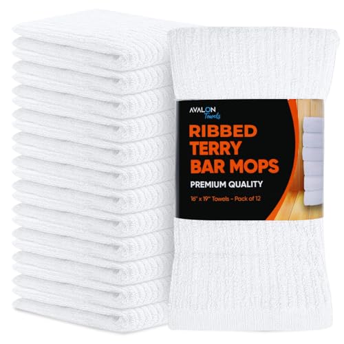 Avalon Towels Ribbed Bar Mop Towels (Value Pack of 12) Size 16x19 – Absorbent and Durable, Multipurpose Cleaning Rags, Cotton Cleaning Towels, Terry Cloth Rags, Reusable Shop Rags