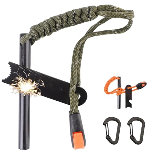 Ferro Rod Fire Starter Flint Fire Starter Survival Tool Flint and Steel Fire Starter Kit 6-in-1, Portable Ferro Rod Striker with Paracord Handlead for Campfires Emergency