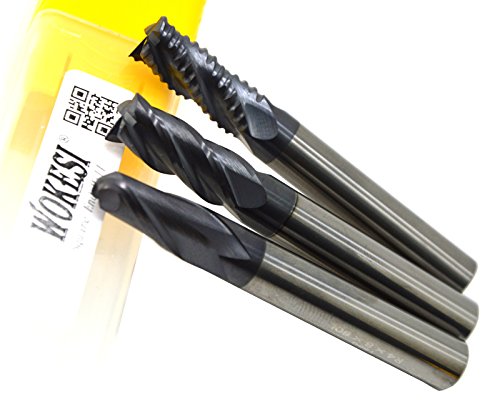 Wokesi Pack of 3Pcs,4mm Suqare End Mill,4mm Ball Nose End Mill,and 6mm Roughing End Mill Set,Std Length,HRC55,TiAlN Coated,Solid Carbide,CNC Lathe Router Bits Cutting Milling Tools(4mm+4mm+6mm)