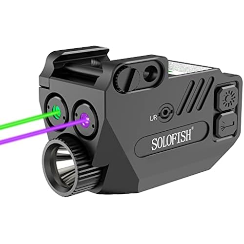 SOLOFISH 500 Lumens Pistol Light with Purple Green Laser Sight and Strobe | Rechargeable Aluminum Weapon Light and Beams for Guns with a Rail