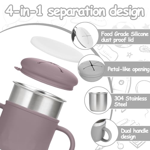 Image of Mity rain 2-Pack Stainless Steel Snack Containers, 4-in-1 Spill proof Snack Cups With Silicone Lid and Handle, Dishwasher Safe Travel Snack Containers for Kids and Infants (Purple + Gray)