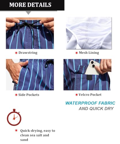 SILKWORLD Men's Swim Trunks Quick Dry Swimsuit New 2025 Bathing Suit Stretchy Swimming Shorts, Navy Striped, XX-Large - Thumbnail 5