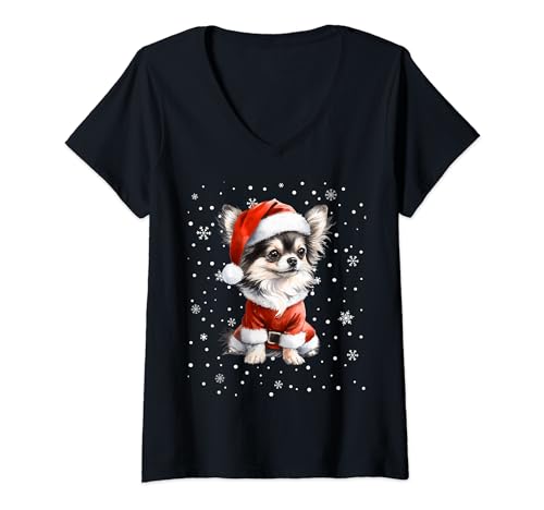 Merry Woofmas Chihuahua Perro Santa Lindos Perros Amantes Navidad Camiseta Cuello V