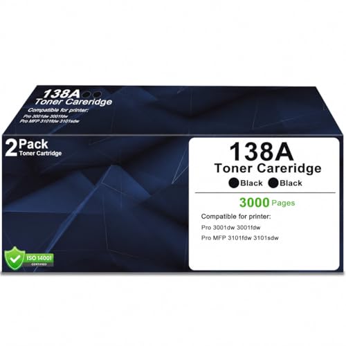 Image of 138A Black Toner Cartridges 2 Pack for Laser Printer Pro 3001dw 3101fdw | Replacement for HP 138A|W1380A Toner with Chip for Pro 3001dw 3001fdw Pro MFP 3101fdw 3101sdw Printer