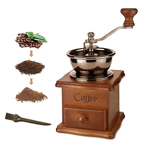 Manual Coffee Grinder, Vintage Antique Style Wooden Coffee Grinder, Classic Hand-cranked Coffee Grinder with Drip Coffee Brush